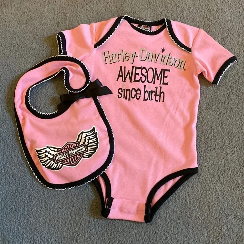 REDUCED Harley Davidson Baby Girl Onesie & Bib Set Sz 18 mos NWOT